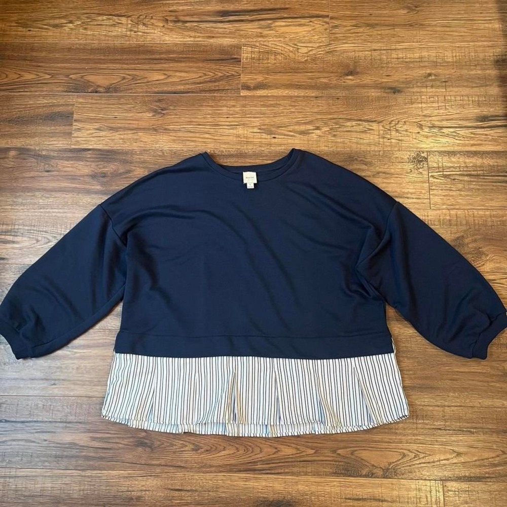 Anthropologie Maeve Blue Cropped Sweatershirt White Blue Striped Hem Women XL